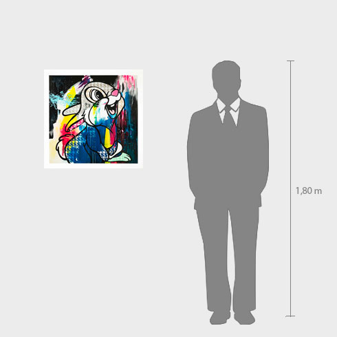 Simulación real de las dimensiones de la obra gráfica, glicée en colores de Ben Allen Money Rabbiten venta