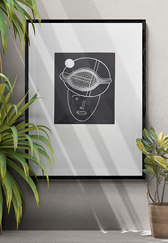 Simulación real en salón obra gráfica de Eduardo Arroyo Conde de Godo - Sombreros para Alicia a la venta