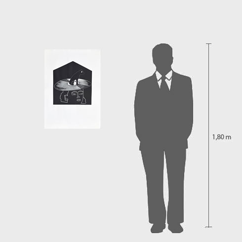 Simulación real dimensiones obra gráfica de Eduardo Arroyo La Voz de su Amo - Sombreros para Alicia a la venta