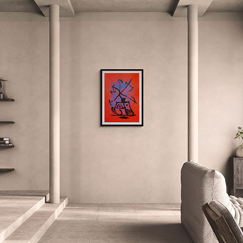Simulación real dimensiones litografía de Joan Miró, L'eintraiseuse-Rouge, obra gráfica certificada en venta, comprar