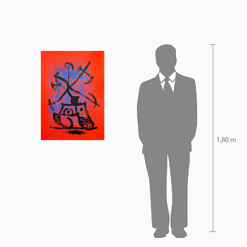 Simulación real dimensiones litografía de Joan Miró L'eintraiseuse-Rouge, obra gráfica certificada en venta, comprar