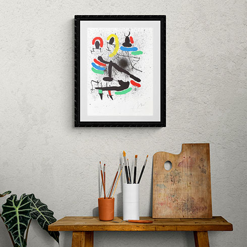 Simulación real dimensiones litografía de Joan Miró, Liberté des Libertés, obra gráfica certificada en venta, comprar